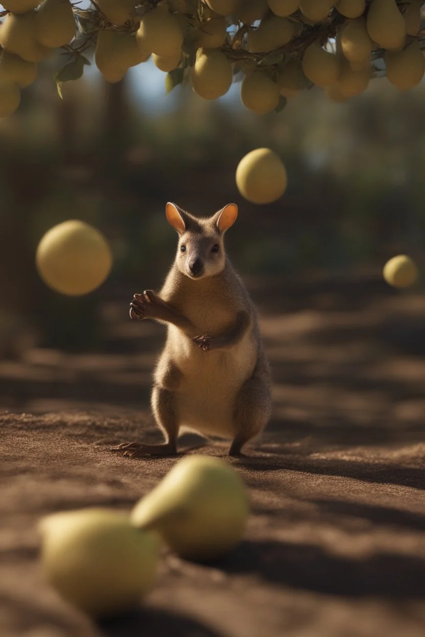 wallaby training pear throwing, bokeh like f/0.8, tilt-shift lens 8k, high detail, smooth render, down-light, unreal engine, prize winning