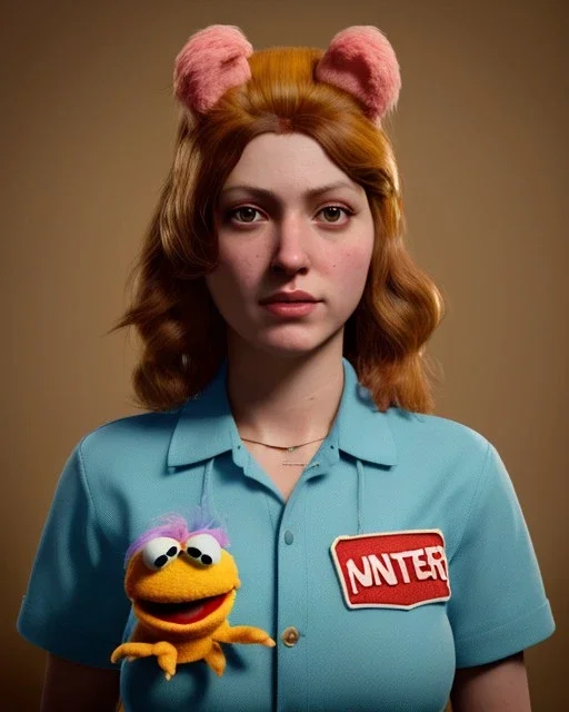 Portrait, waitress woman with monster muppet mask that covers her entire head, retro style, Sesame Street style, gold, smooth, unreal engine 5, god lights, ray tracing, RTX, lumen lighting, ultra detail, volumetric lighting, 3d.