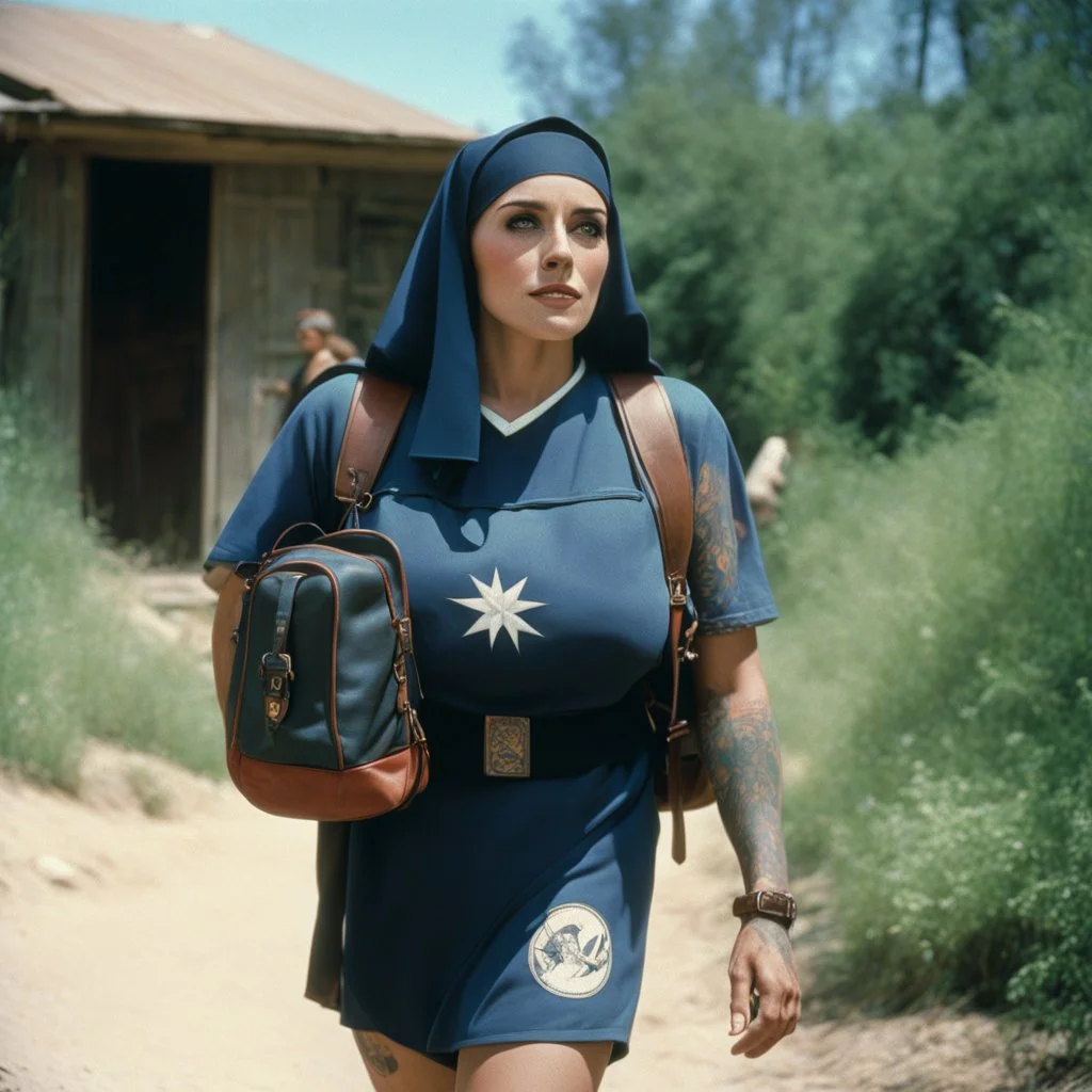 (high res photo by Russ Meyer) Clara, the tattooed free spirit, gangsta nun, burdened with two backpacks, one on her back and one on her front. Is she moving from one house to another or embarking on a vacation to camp? Difficult to say. The constant pressure to keep those worlds coming. The weirder, the better. The weight of the backpacks, the burdens she carries, both physically and metaphorically. Clara seeks solace in the freedom of movement.