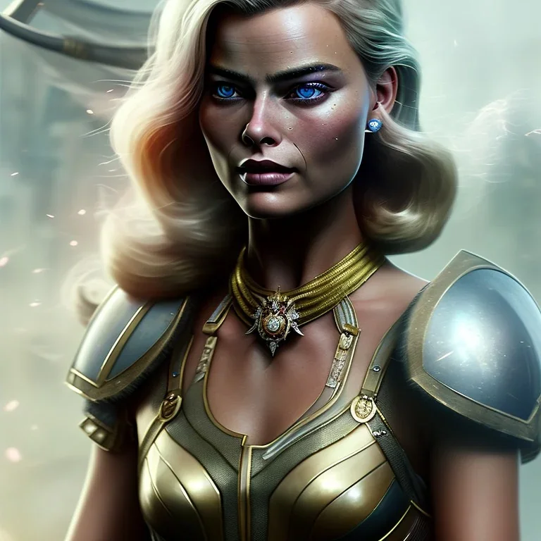 only margot robbie, fly hair, mist around, highly realistic, highly detailed, warrior armor, mist around, smoke