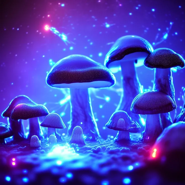 Spherical Frost metal magic armoured lightning glowing Mycelium MUSHROOM stars galaxy SPACE lANDSCAPE BURNING IN BLUE FLAMES hellfire abyss math chaos vivid cell