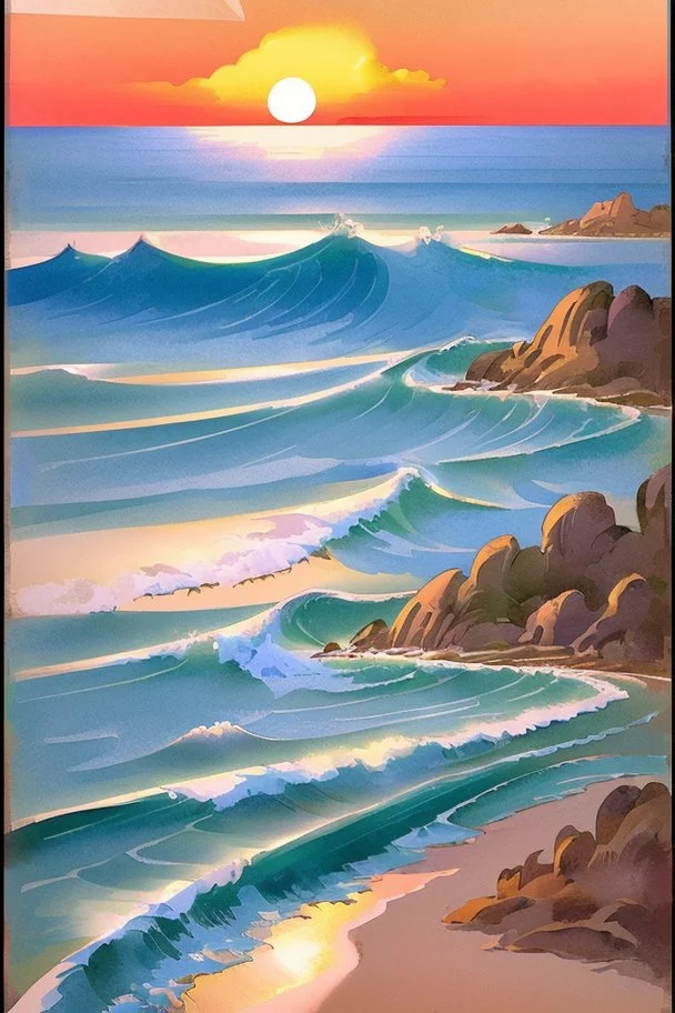 Vintage travel poster showcasing the majestic waves on beaches of Landes in France in a watercolor painting style reminiscent of 1930s European travel advertisements, like those by Henri Cassiers. The scene is captured during golden hour with soft glows highlighting the peaks, featuring muted pastels with pops of rich blues and greens. The composition offers a wide-angle view, with a focal length of around 24mm, presenting a vast mountain range at the center and a quaint village at the base.