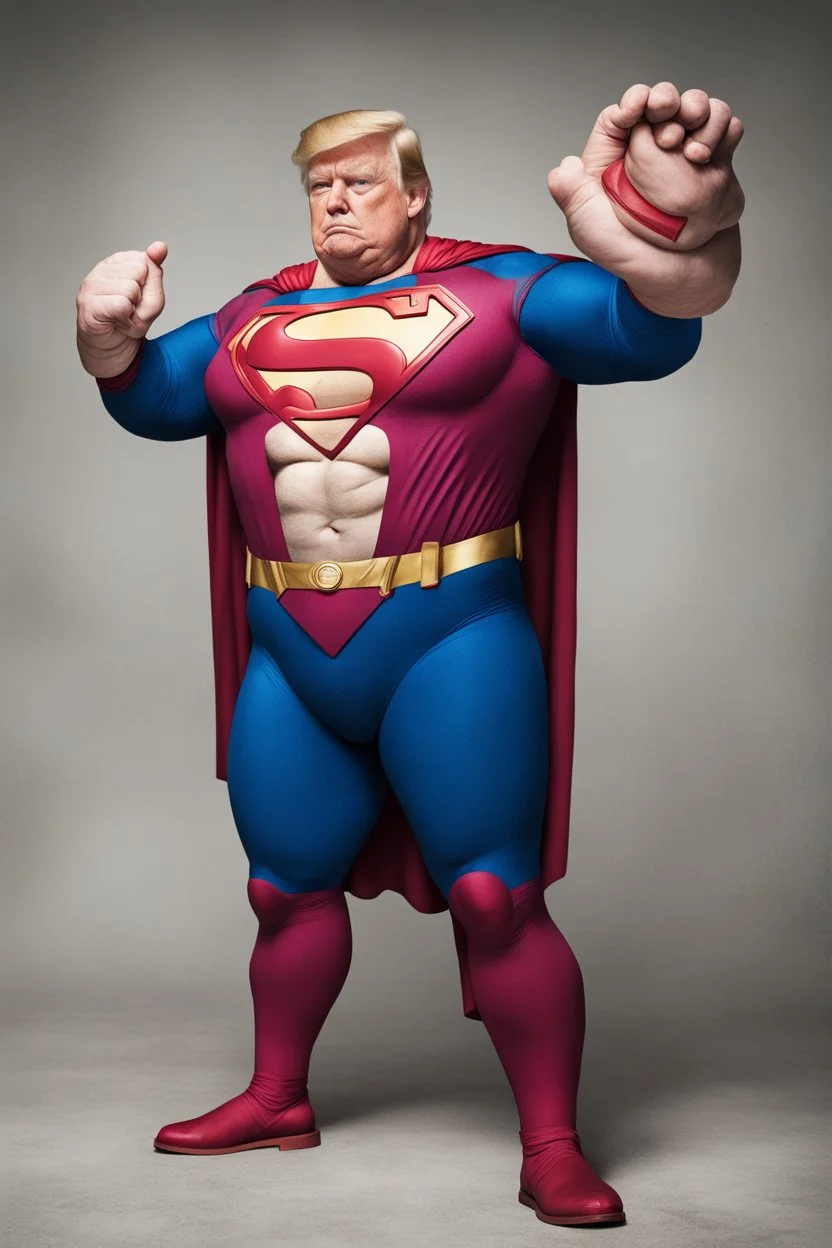 morbidly obese superman with donald trump's head and his gut hanging out