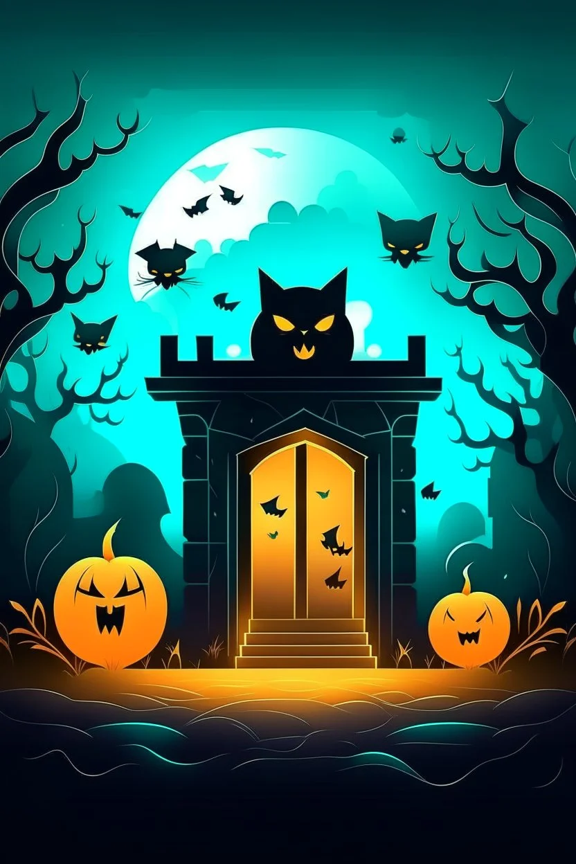 "Create an AI logo design for Halloween with a haunted twist. Picture a spooky cat surrounded by eerie mist and moonlight. Add playful elements like ghostly figures, bats, and a jack-o'-lantern on the doorstep, capturing the essence of a ghostly Halloween night."