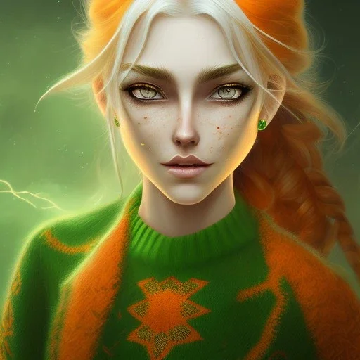 fantasy setting, woman, orange and white hair, green eyes, wavy hair, freckles, ranger