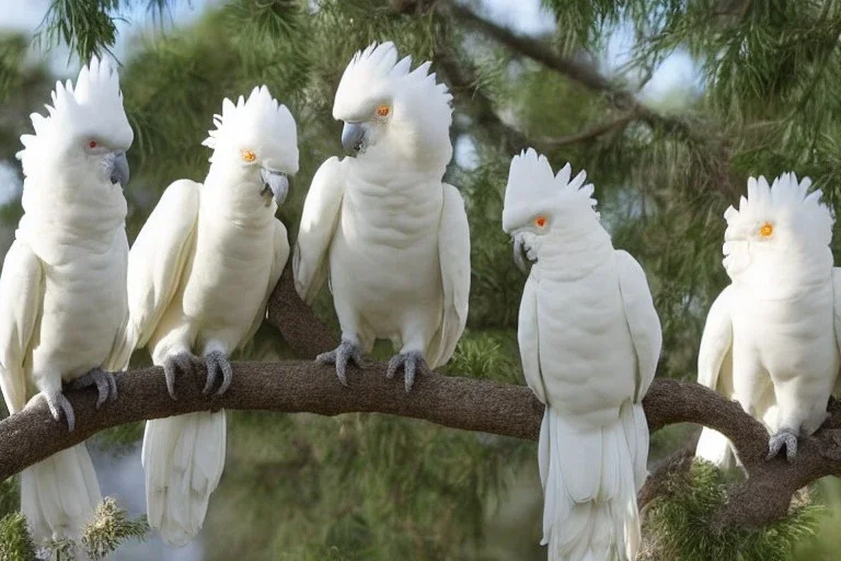 Two sulphur crested cockatoos are sitting on a branch and eat a peanut. Realistic. Soft colours.