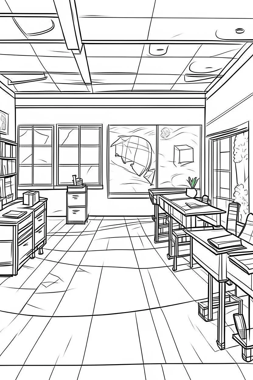 Outline art, class room interior design, no shading, no lines, cartoon style, --ar 9:11