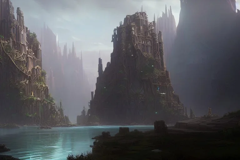 magical fantasy steampunk cliff palace river seven towers ravine