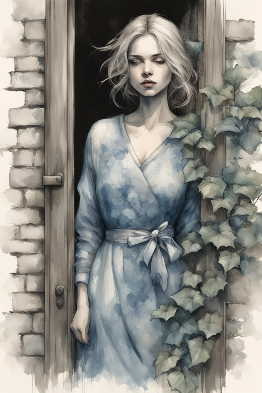 b&w sketch art, close up white woman in a blue vintage dress, background old wooden door, overgrown with green ivy with blue flowers, cracks, brick, sepia, watercolor, by Ryohei Hase, Agnes Cecile, Raymond Swanland, Anne Bachelie