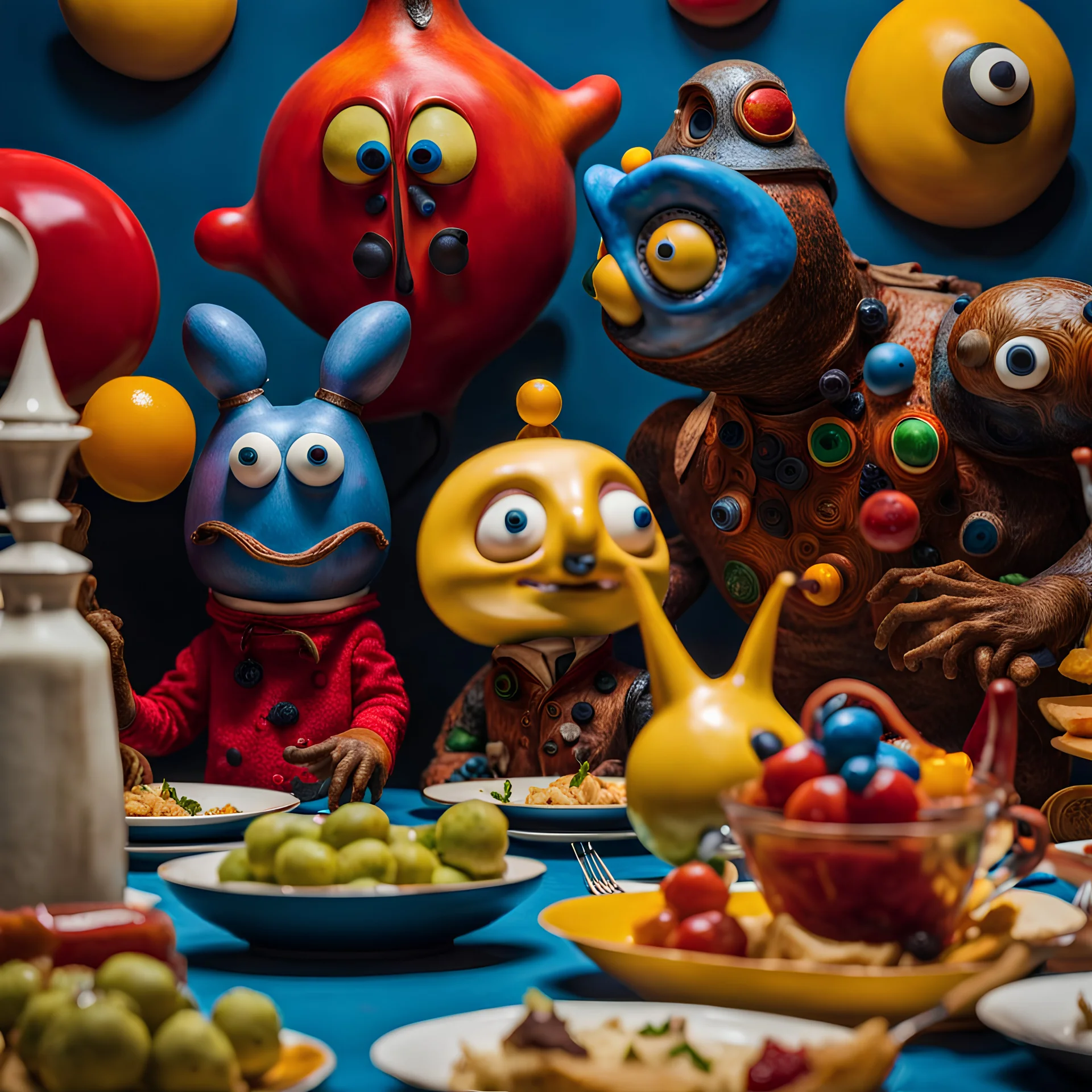 Close-up shot of ultra realistic odd monsters dining, vivid, ultra realistic, Joan Miró, hypermaximalist figures, light, Italian 1970's odd movie, plastic, hilarious, Minicavio Quollati style, photography by Marlost Endgulp, ornate, 4k, photorealism, impressionism, Yves Tanguy