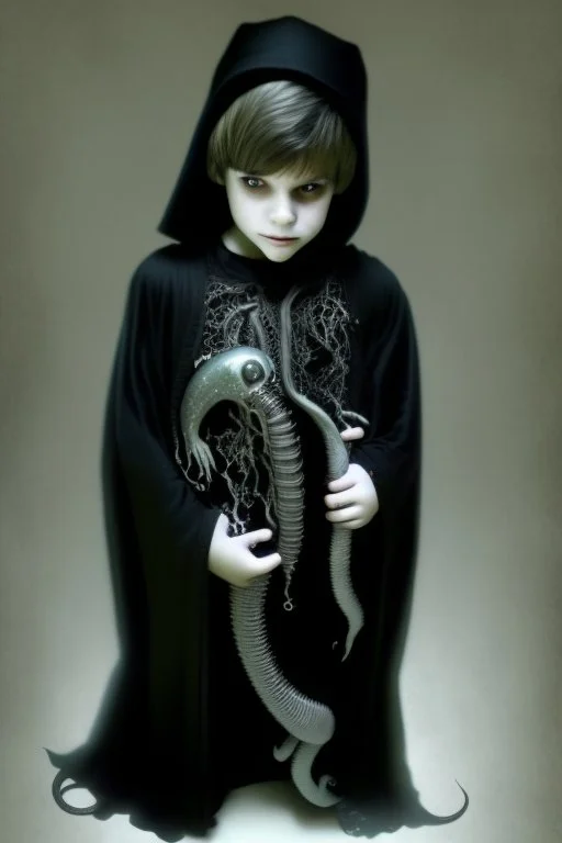 7 year old boy, necromancer, friendly, looks dead,with a long lamprey emerging from his belly , wearing black robes, in the style of H.R. Giger