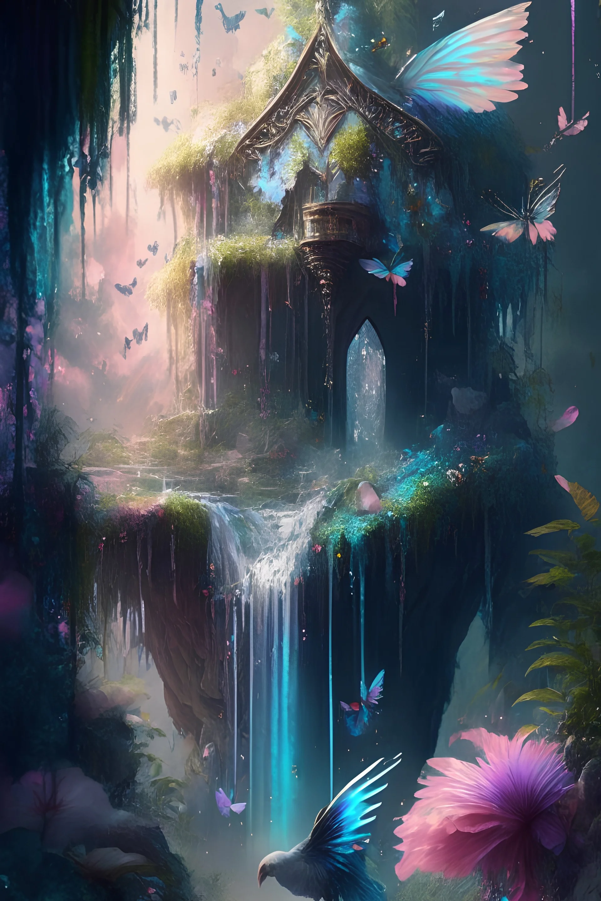 Phantasy landscape.Paradise hauntedgarden, unicorn, bright magic art, splash art, high quality, 8k, digital painting, glitter, waterfall, greenery, butterflies, birds of paradise, gnome's house, trending on artstation, sharp focus, studio photo, intricate details, highly detailed, by greg rutkowski