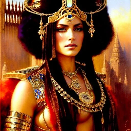 portrait beautiful face queen of Sheba ,busty,medieval metal armor balanciaga fashion clothe painting by gaston bussiere, greg rutkowski, yoji shinkawa, yoshitaka amano, tsutomu nihei, donato giancola, tim hildebrandt, oil on canvas, cinematic composition, extreme detail,fit full head inside picture