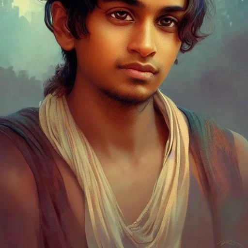  Indian mystical boy , cute, beautiful, cinematic, 8k, resolution concept art portrait by Greg Rutkowski, Artgerm, WLOP, Alphonse Mucha dynamic lighting hyperdetailed intricately detailed