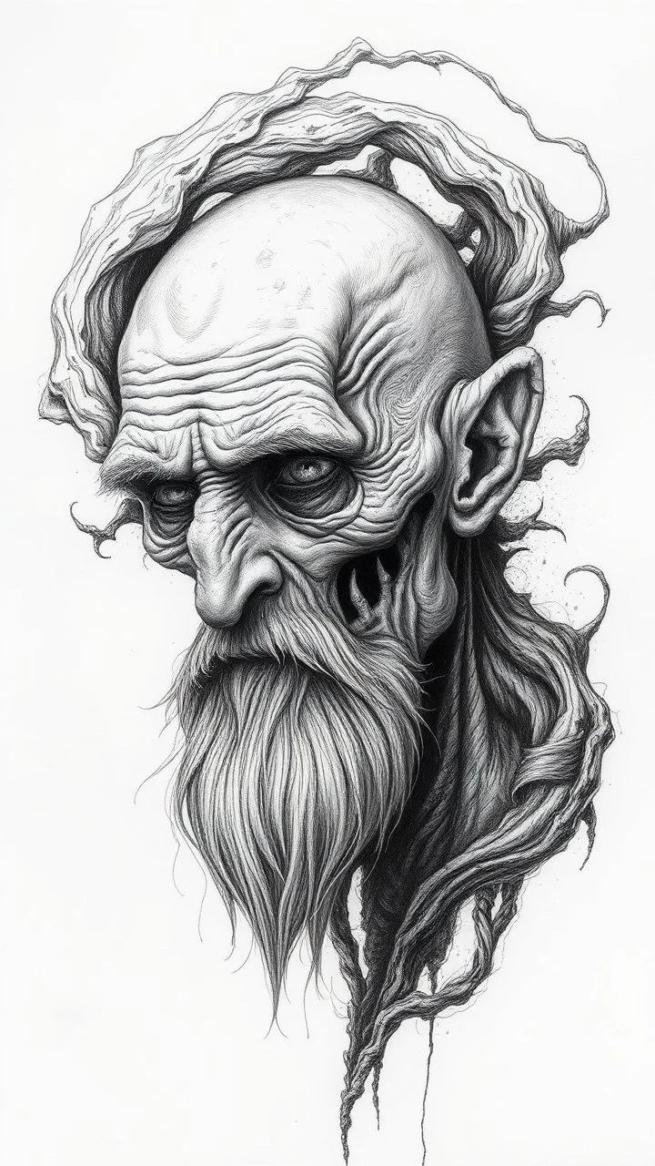 𝙋𝙧𝙤𝙢𝙥𝙩 highly detailed graphite illustration, A surreal old woman figure with exaggerated anatomical features, heavily wrinkled skin, and an intense, contemplative expression. bald head, thick eyebrows, long beard merge into swirling abstract shape. Mysterious, introspective, dreamlike, somewhat dark fantasy. #𝙙𝙧𝙚art #prompt
