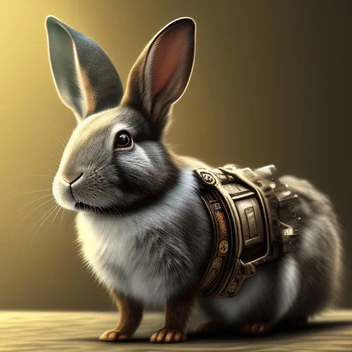 steampunk rabbit, extremely detailed, UHD, 8k,The close-up camera effect,sharp focus,perfect, background forest,position,hyperphotorealistic