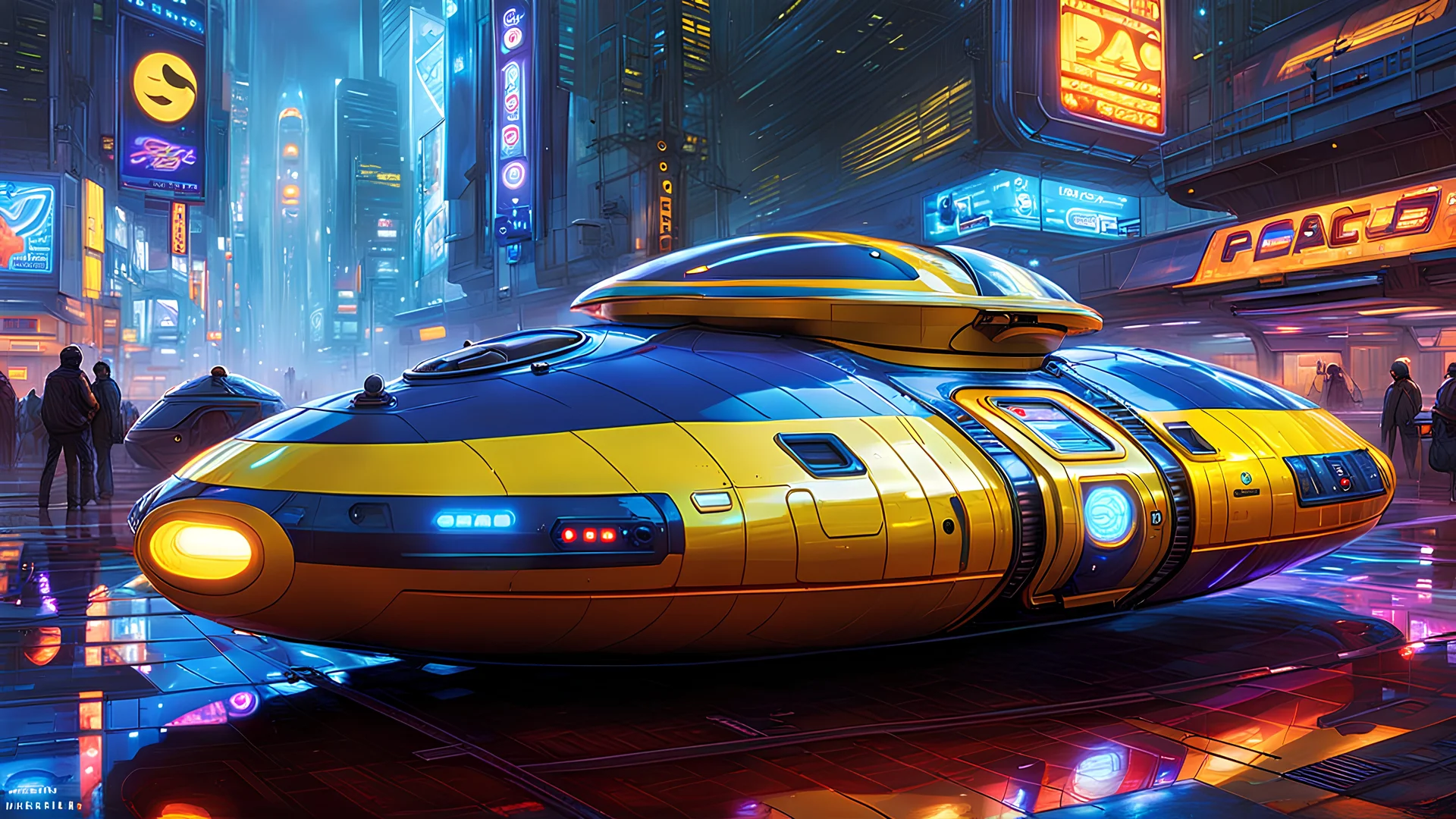 A masterpiece conceptual digital painting of a prototype, experimental hovercraft-Pac-Man hybrid, with ultra-detailed holographic eyes and LED light accents, in a cyberpunk background, Syd Mead art style, sci-fi, cyberpunk, game art, intricate details, HDR, beautifully shot, hyperrealistic, sharp focus, dim foul lighting, 64 megapixels, perfect composition, high contrast, cinematic, atmospheric, moody.