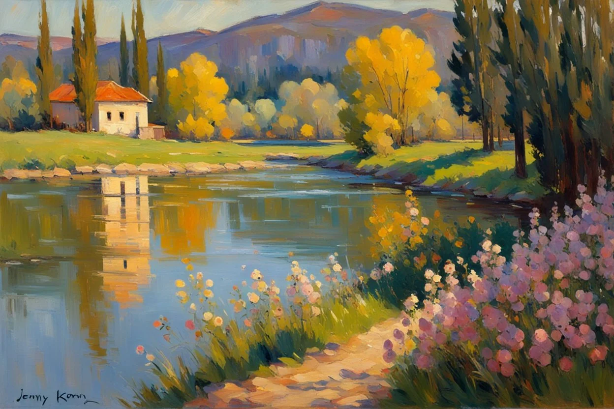 Sunny day, mountains, river, distant house, flowers, trees, konstantin korovin and jenny montigny impressionism paintings