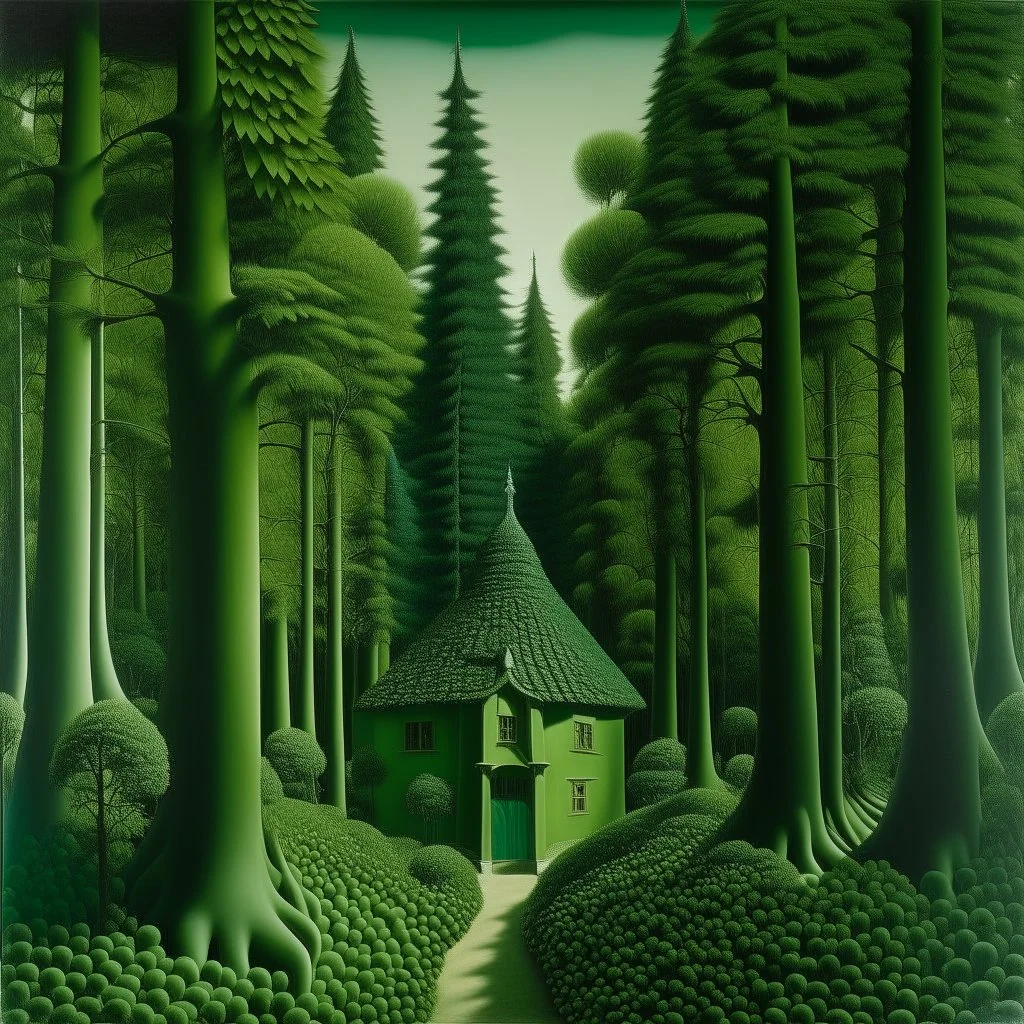 A green forest with a cottage designed in Maori sculptures painted by Rene Magritte
