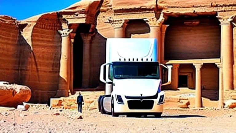 A Tesla semi-truck is parked, at Petra, in Jordan. CINEMATIC. WIDE ANGLE LENS.