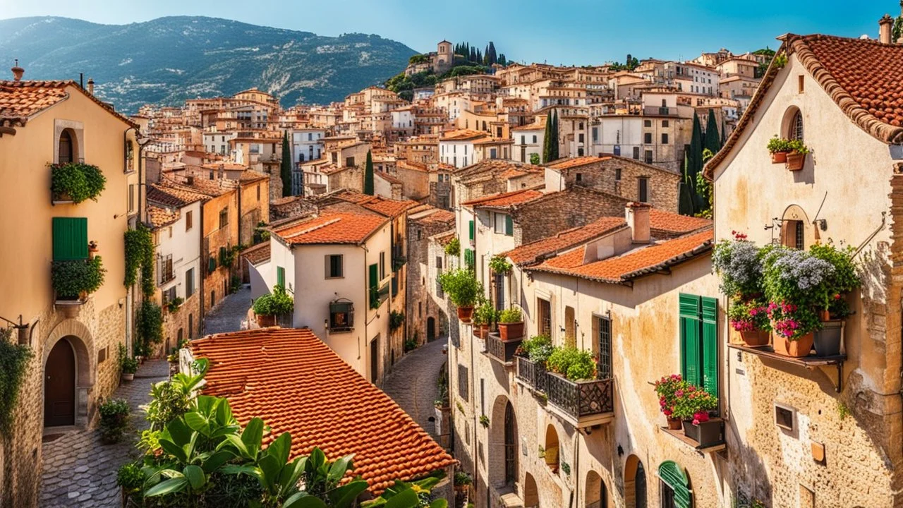 Fantastic nice sunny cityscape of an old Mediterranean town, view of tiled roofs and windows of different shapes and sizes of cozy houses, with attic and mezzanine, summer lights , authentic old Italian village with plants, harmony atmosphere, cinematic, high detailed, sharp focuses, masterpiece