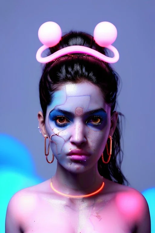 Ultra Realistic image, Rosalía artist, portrait, waist up portrait, black eye line, angry face , gold pink and blue geisha style, spray line make up, geometric, led lights, neon, rings piercing, led ornament, fog, bubble latex coat, vibrant color, highly detailed, art stations, concept art, smooth, unreal engine 5, god rays, ray tracing, RTX, lumen lighting, ultra detail, volumetric lighting, 3d, finely drawn, high definition, high resolution.