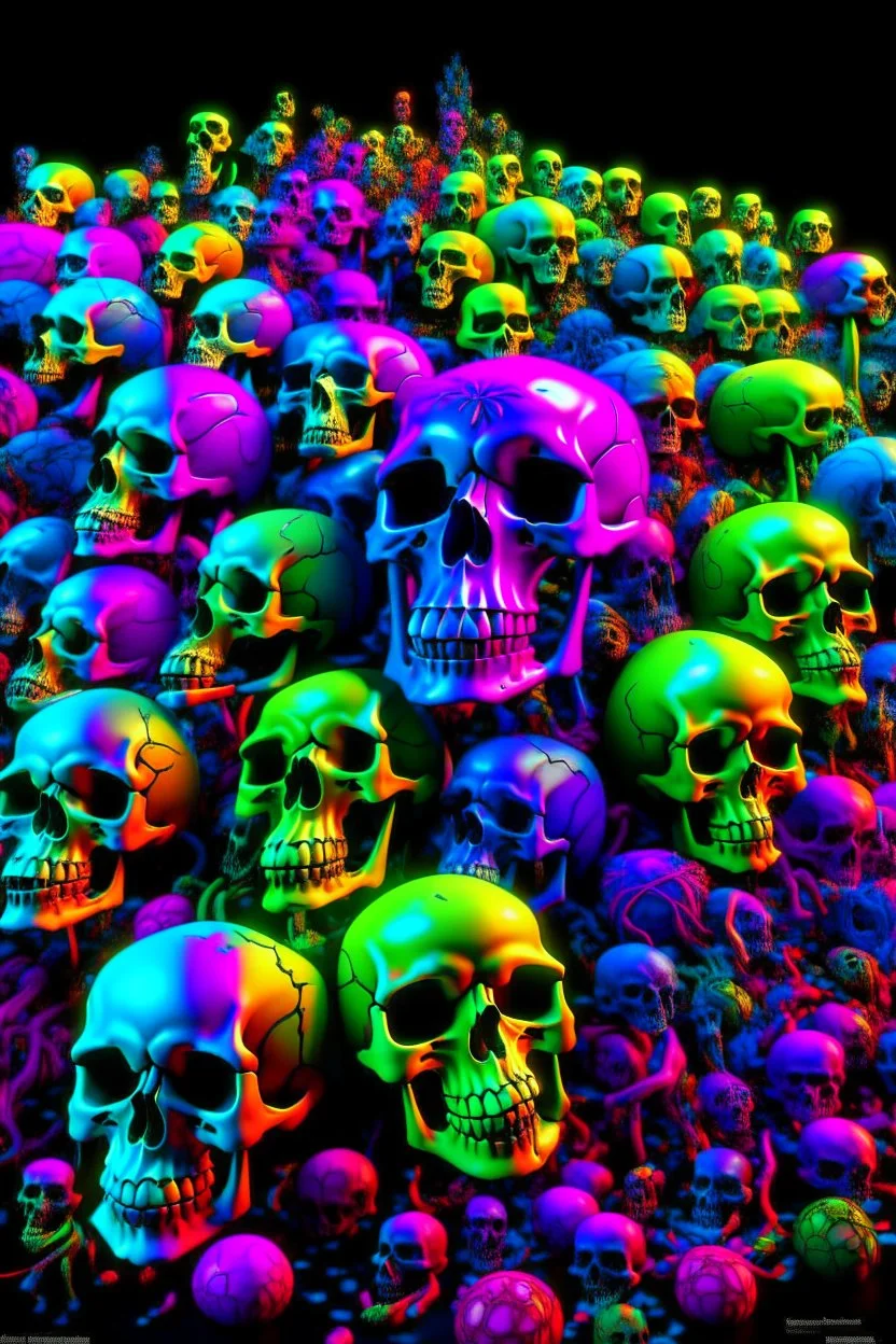 a field of 1000s of cartoonish, anatomically correct, skulls, vivid RANDOM BRIGHT neon colors, dark comedy, well lit, high detail, photorealistic, horrorcore, fun, scary, none featured, each a different color or hue,