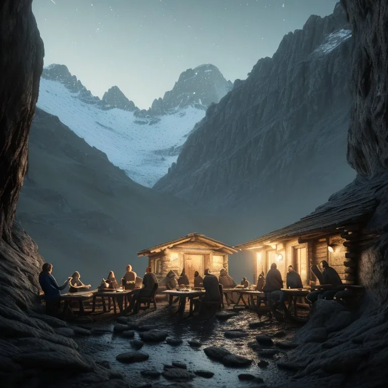 Five people eating inside a mountain hut, sense of fear, Alps, night sky, 8k, HD, cinematography, photorealistic, Cinematic, Color Grading, Ultra-Wide Angle, Depth of Field, hyper-detailed, beautifully color-coded, insane details, intricate details, beautifully color graded, Cinematic, Color Grading, Editorial Photography, Depth of Field, DOF, Tilt Blur, White Balance, 32k, Super-Resolution, Megapixel, ProPhoto RGB, VR, Halfrear Lighting, Backlight, Natural Lighting, Incandes