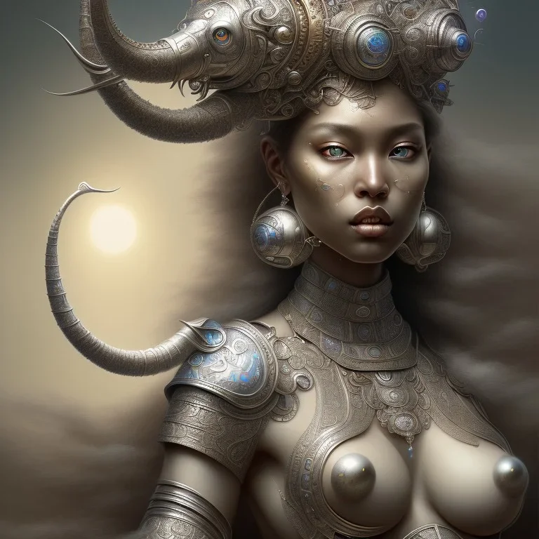 ssango fantasy, fantasy magic, intricate, sharp focus, illustration, highly detailed, digital painting, concept art, matte, artgerm and paul lewin and kehinde wiley, masterpiece silver elephant head bronze Asian African girl nice breast Afo hair turquoise sun rain waves