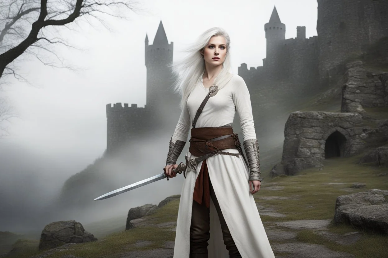 a high-resolution photograph featuring CiriW, She has pale skin, white hair, and a slender, athletic build with medium-sized breasts. She wears a white tunic, brown pants, and a leather belt with pouches, holding a sword. The background shows a ruined stone castle amidst a misty, overcast landscape with bare trees, creating a medieval fantasy setting.