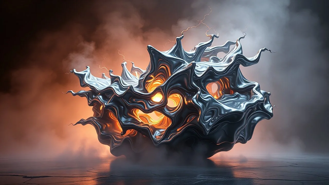 lyrical abstraction, abstract 3d sculpture, made of liquid metal, c 4 d, rendered in octane, unreal engine, highly detailed, on surface vray, volumetric lightning, mist, by greg rutkowski, by Gustave Dore, by Marco Turini,