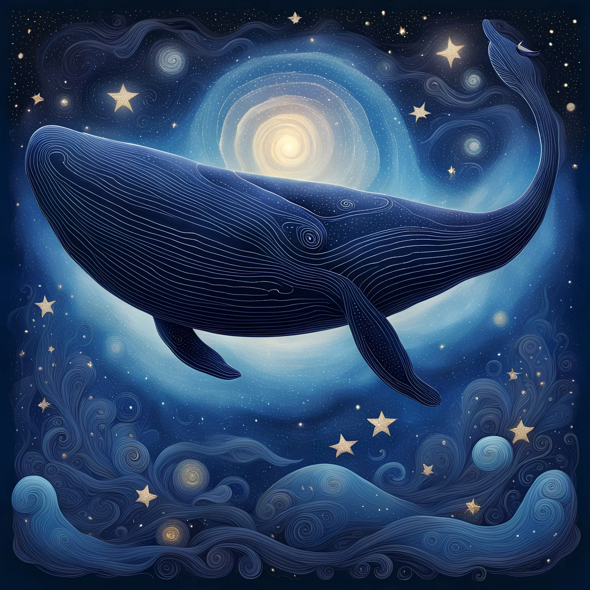 Create an image of a colossal, surreal whale dominating the foreground, blending into a starry night. The whale itself is a deep, cosmic blue with celestial bodies and stardust spiraling within it, suggesting a galaxy. It features intricate patterns and textures that reminisce the surface of a planet. The galaxy is alive with motion, reflecting the light of a super star (blue) that glimmers. The transition is seamless, symbolizing a cosmic fusion of whale and space, hinting at the vast and myste