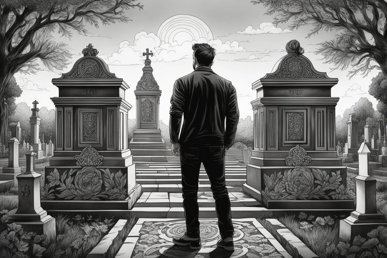 Man standing a front of his mom grave in Cemetery in 8k tattoo drawing style, out of the Frame, intricate details, highly detailed, high details, detailed portrait, masterpiece,ultra detailed, ultra quality