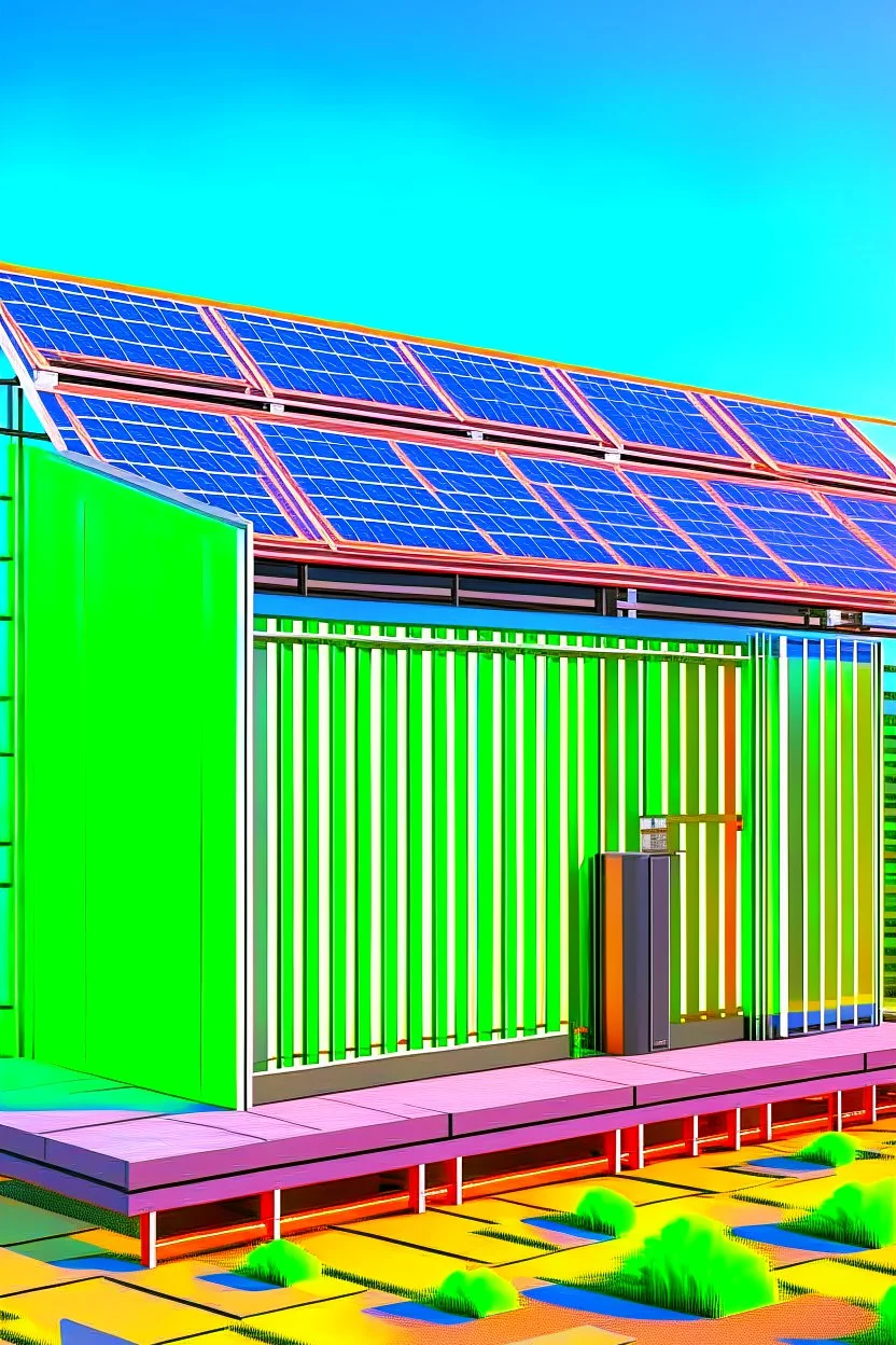 Small energy storage next to the small company with photovoltaics on the roof. Green environment, photo detailed
