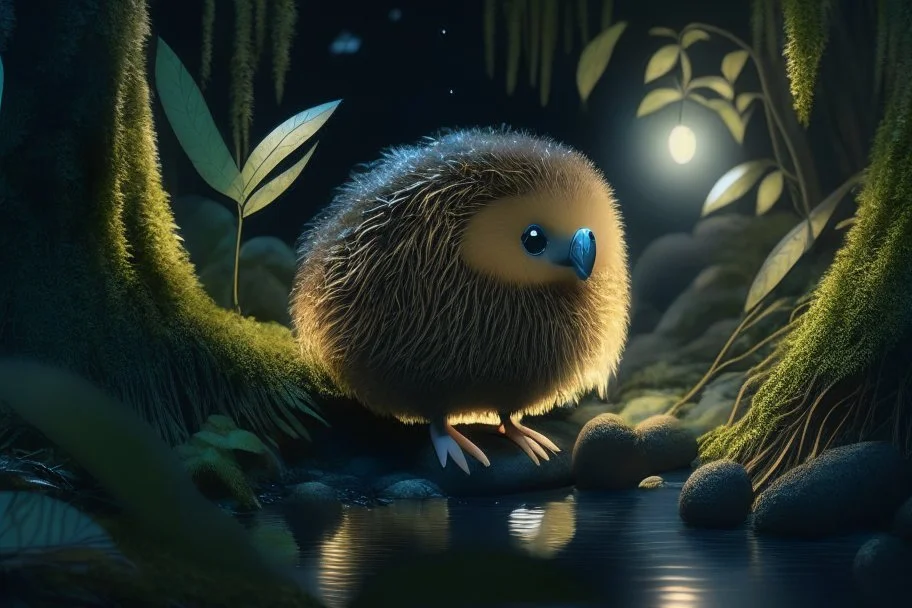 cute kiwi with thick fur in moonlit forest by stream, book illustration, fine detail, 4k, trending, volumetric light, depth of field