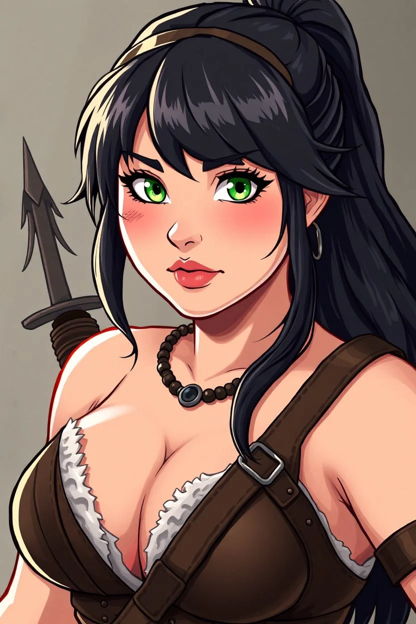 In a realistic, non-anime, vintage cartoon style: Bust shot of 35-year old, chubby Scandinavian dark-haired lady with green eyes and very thick lips who is dressed in the fighting gear like Warrior Princess (i.e. Xena)
