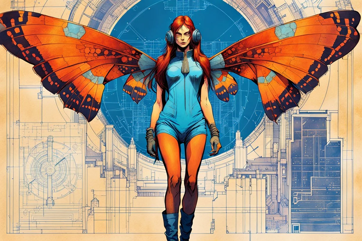 Hand drawn technical,full body portrait illustration , with detailed blueprints and engineering schematics of a walking Atlas moth insect girl, in the comic book art style of BILL SIENKIEWICZ and JEAN GIRAUD MOEBIUS, with highly detailed facial features, drawings, and technical notation, 8k, vibrant natural colors