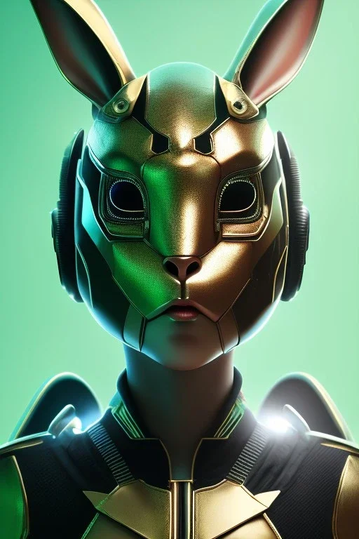 Portrait Sweet Rabbit ceramic mask, pop, green suit, cyberpunk, photo studio, black background, unreal engine 5, concept art, ray tracing, lumen lighting, ultra detail, volumetric lighting, 3d.