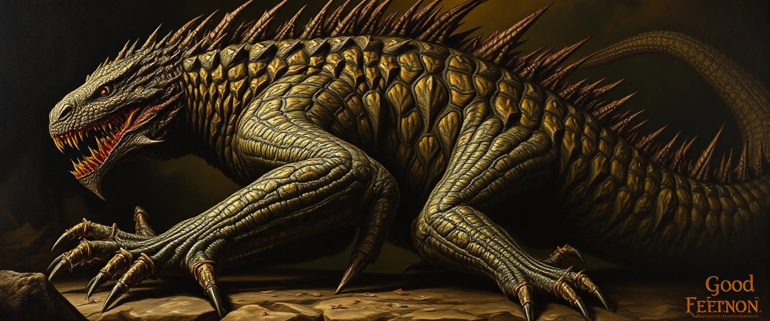 master oil painting by Rembrandt, good afternoon Scalevein "A massive monster whose entire body is patterned with jagged, vein-like scales, each scale pulsing slightly, with serrated spines protruding from limbs, eyes glowing from the intricate patterns, leaving scale fragments behind as clues, terrifyingly alive."