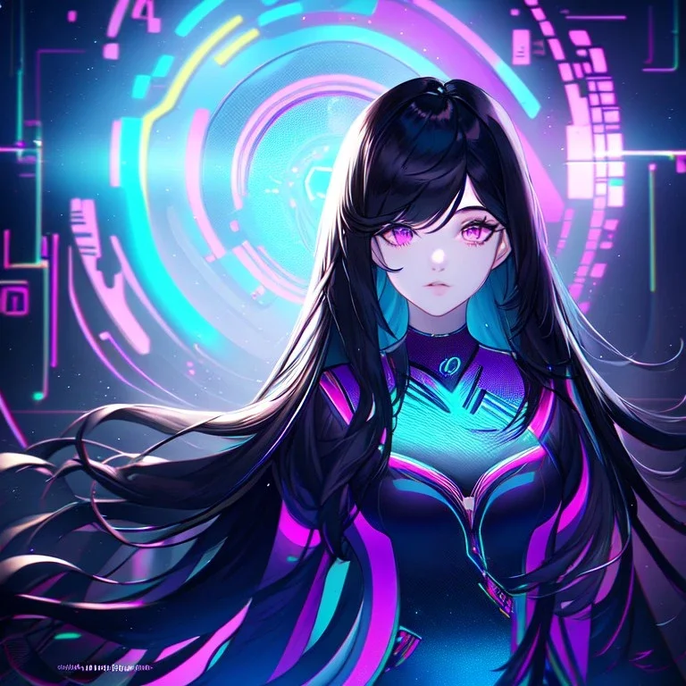 girl, masterpiece, best quality, volumetric lighting, detailed outfit, perfect eyes, long hair, A woman with long black hair and purple eyes cooking in a cyberpunk kitchen with a neon blue glow, detailed environment, by Johannes Voss, surreal, vibrant colors, hyperrealistic, dramatic lighting, trending on Artstation, cinematic composition.