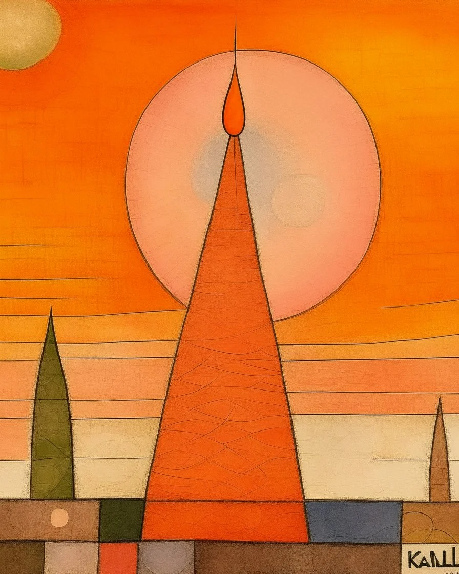 A light rosy orange colored sun obelisk painted by Paul Klee