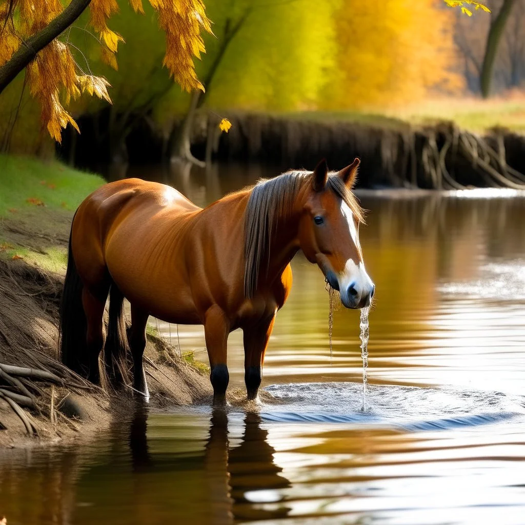 a horse drinking from the river in autumn