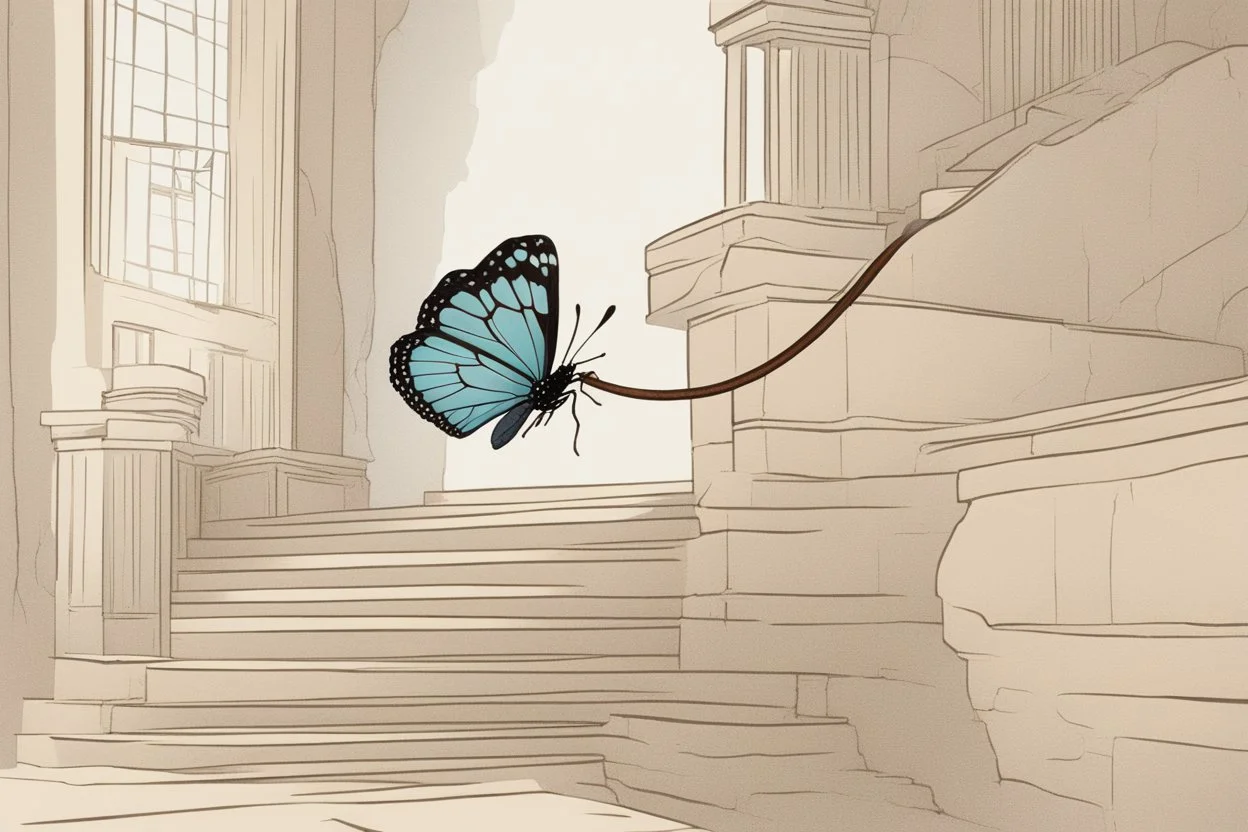 a butterfly trying to pull up a big stone on a staircase with a rope