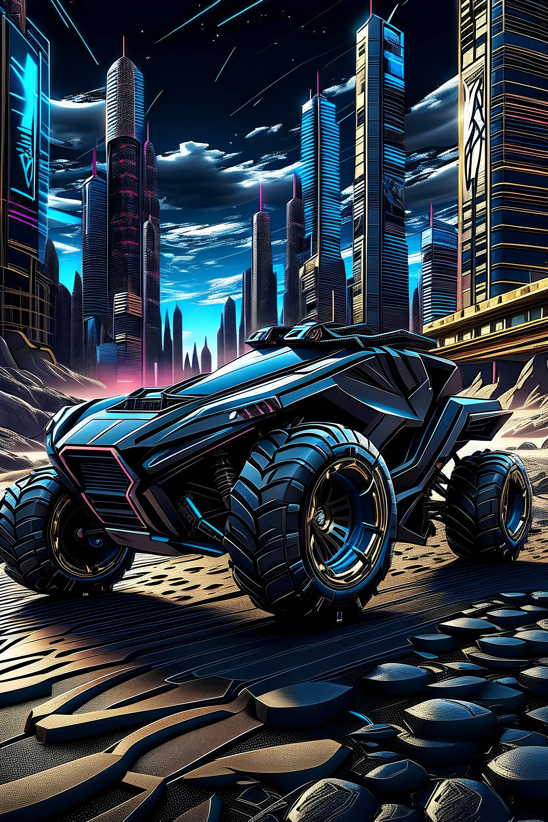 Craft an artistic rendition of a Dune Biggie, incorporating the intense and stealthy design elements found in black ops themes." "Imagine a Dune Biggie ATV with a Black Ops twist – emphasize its off-road prowess and covert style in your depiction.