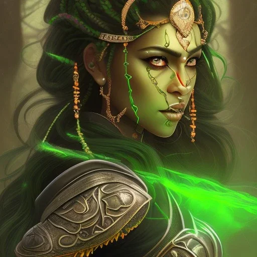 fantasy setting, insanely detailed, dark-skinned woman, indian, black hair, green hair strand, green lock of hair, green strand of hair, green curl of hair