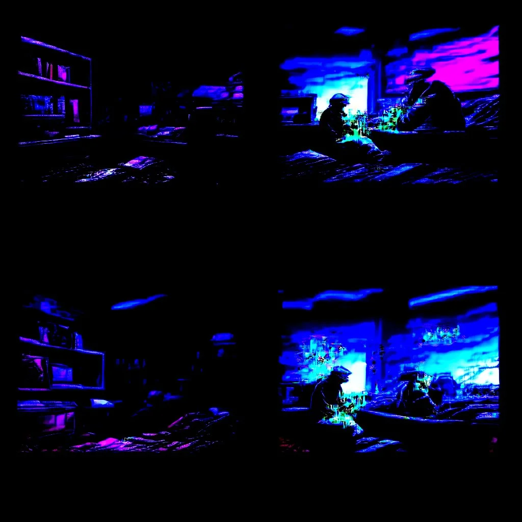 comicbook, 2 panels, bright complimentary colors, in the left panel, a tv plays breaking news, (in the right panel, a tv plays breaking news,(side angle view:1.2)of the tv), background is a haunting dimly lit, decrepit room.The atmosphere should be chilling, with shadows and decay adding to the eerie ambiance, blue palette