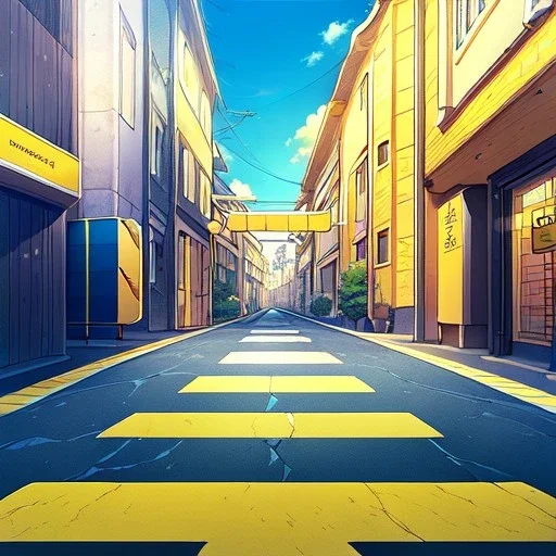 yellow brick road, road signs, arrows, direction, anime girl walking, detail on the girl