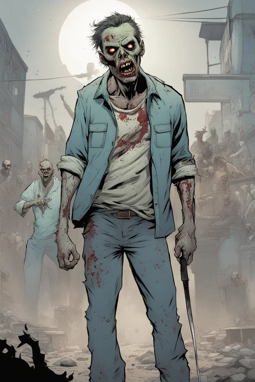 zombie, portrait, comic book, full body, standing, mean, illustration, lloking sideways