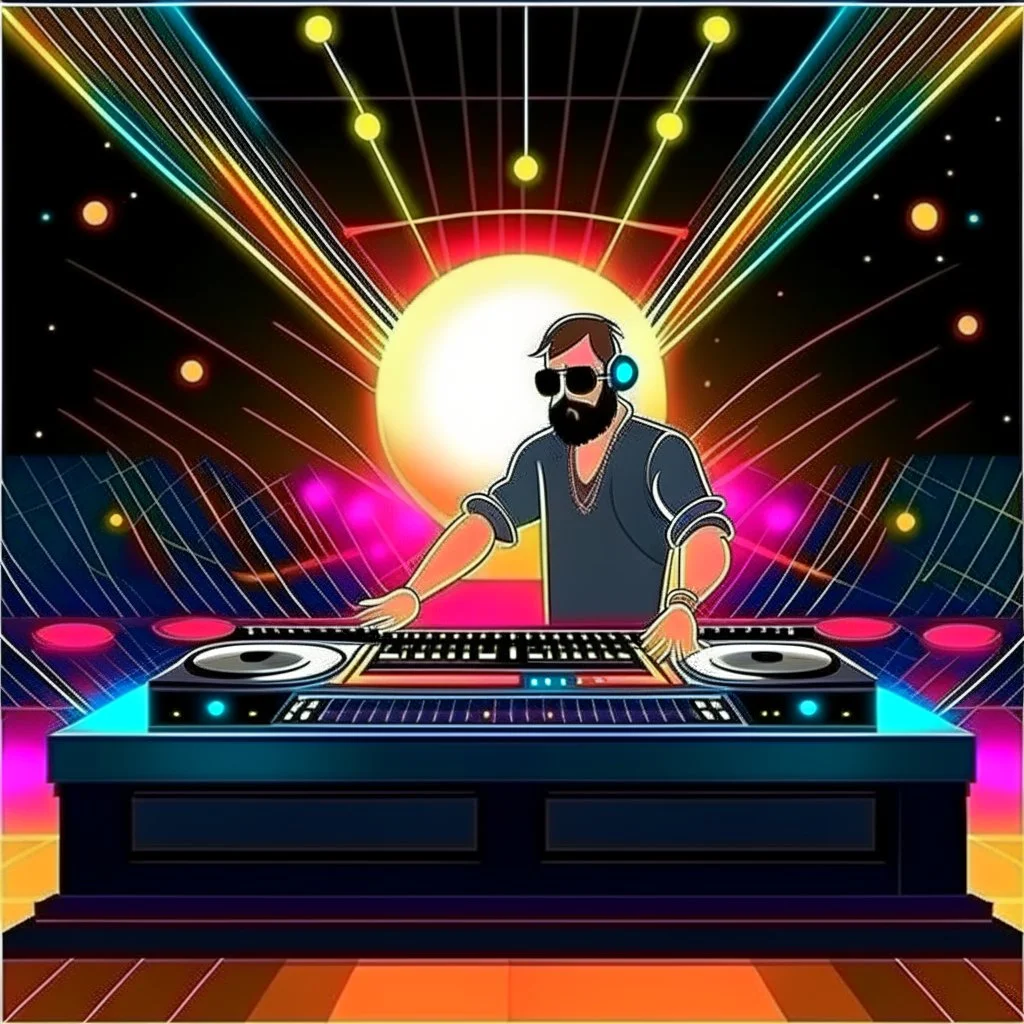 Dance hall ,dj play ,laser lights, disco ball, beard DJ play music with DJ desk,