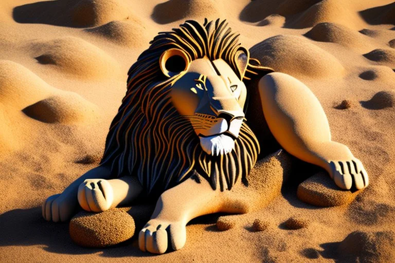 lion made of pebbles in sand